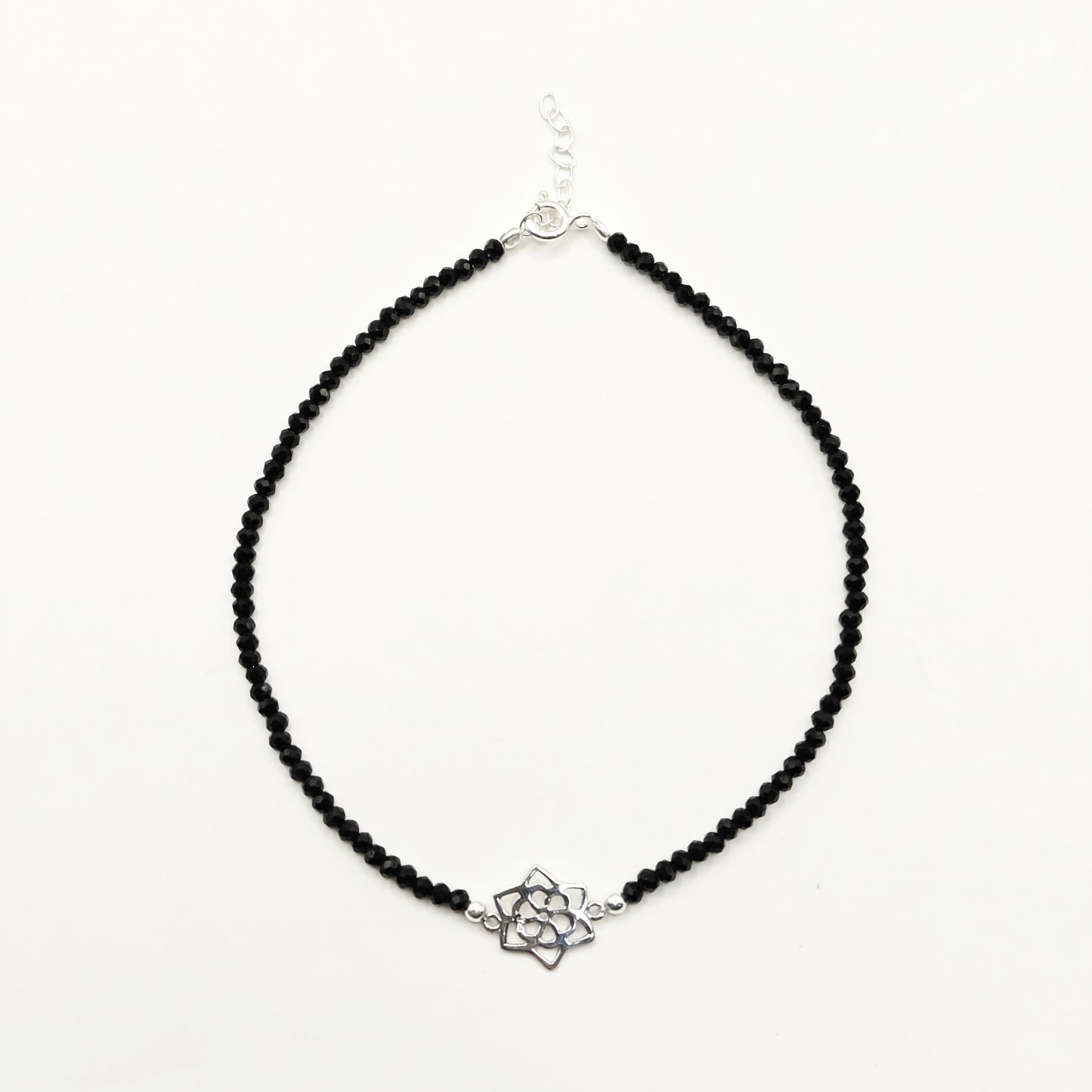 Flower Black Bead Anklet 925 Silver