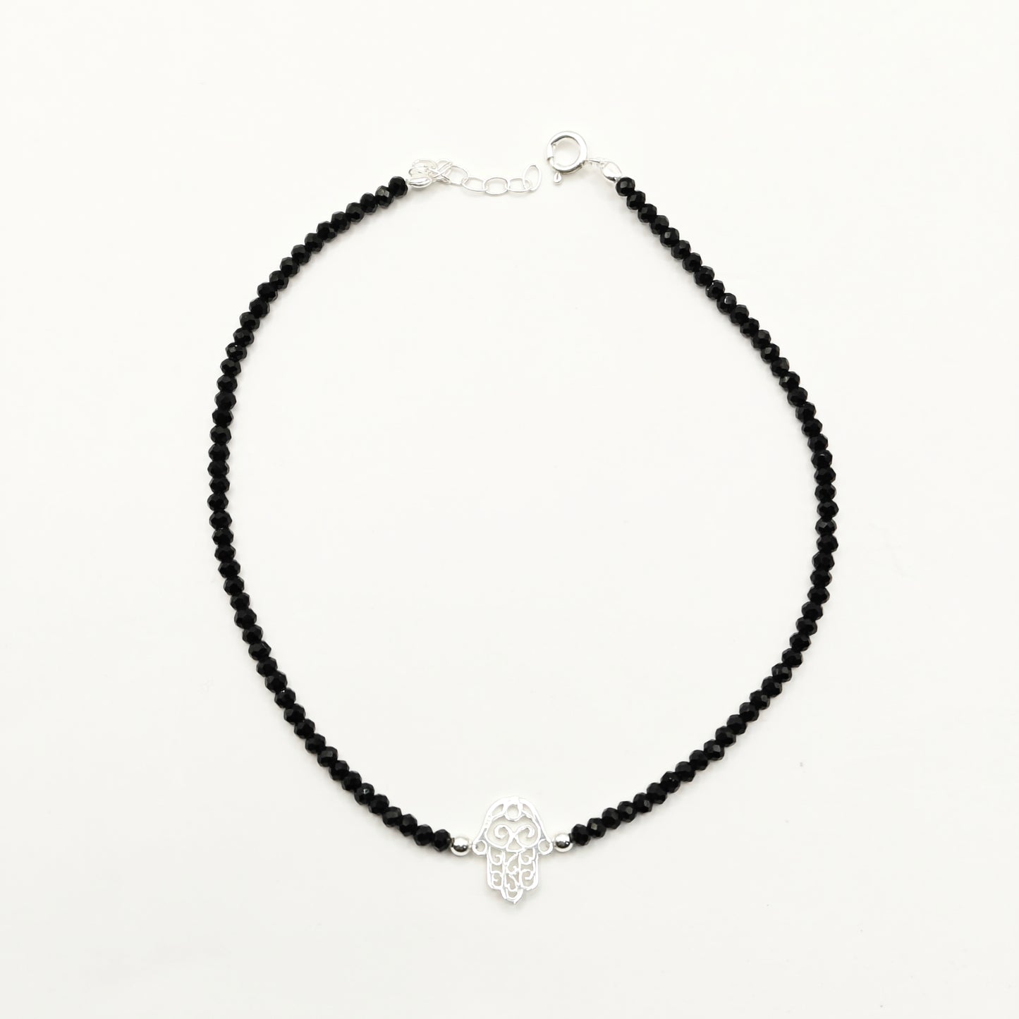 Hamsa Hand Black Bead Anklet 925 Silver