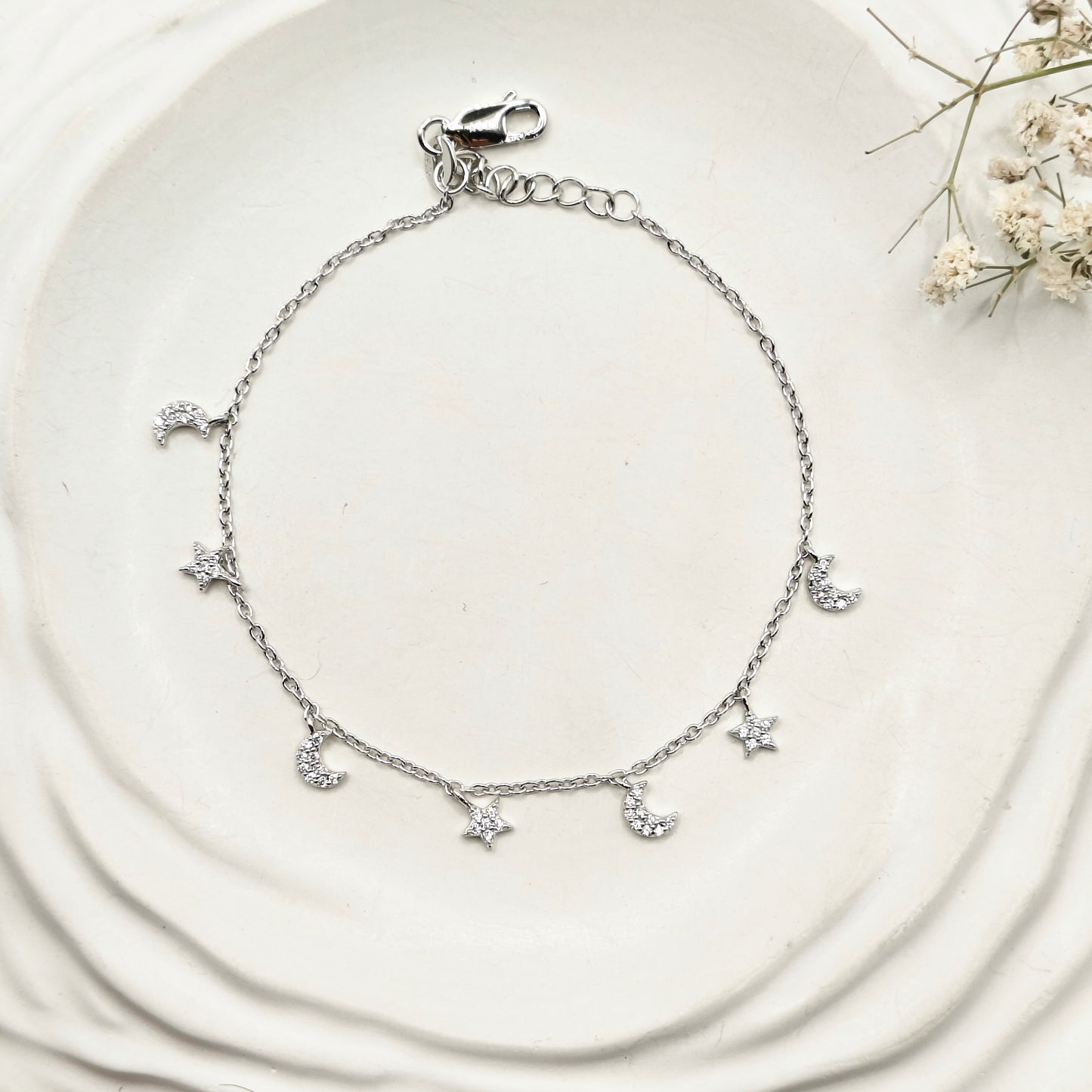 Star and Moon Charm Bracelet 925 Silver