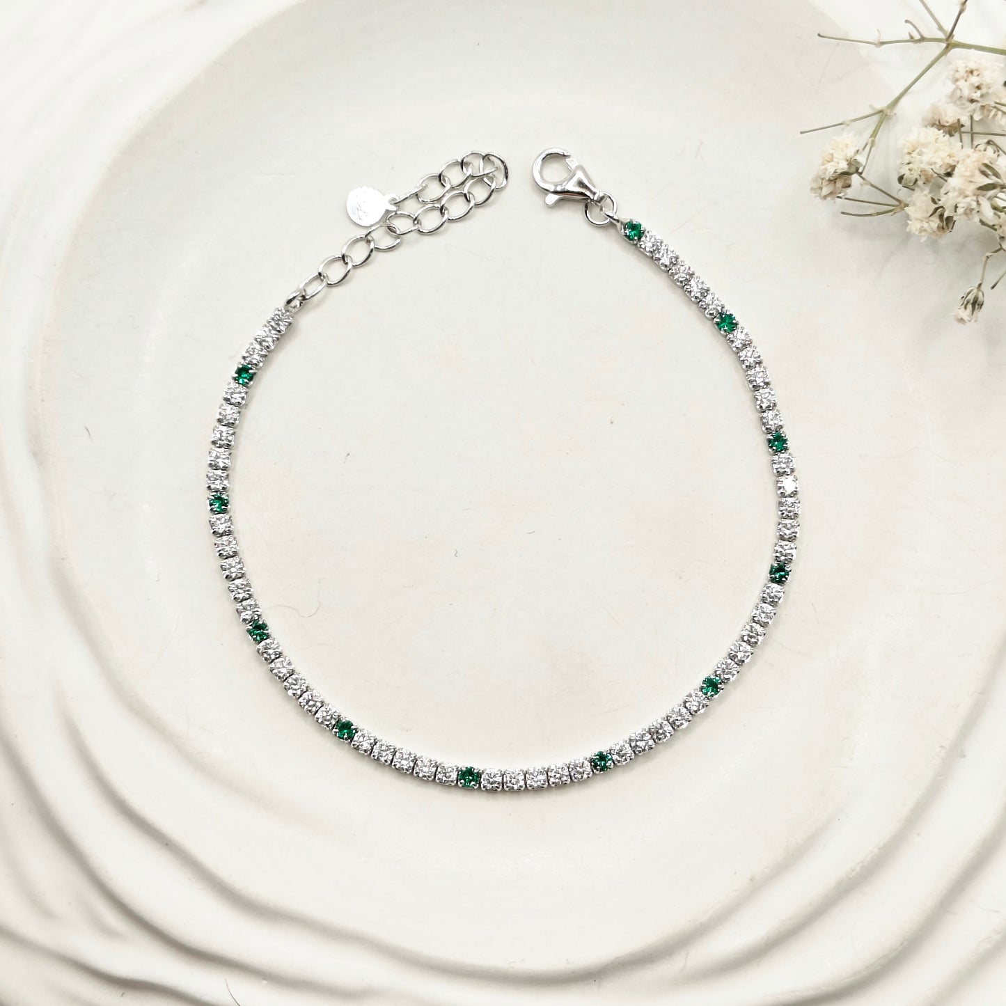 Green and White Tennis Bracelet 925 Silver