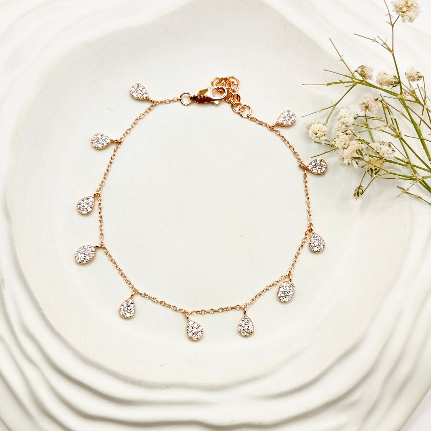 Drop Charm Rosegold Plated Bracelet 925 Silver