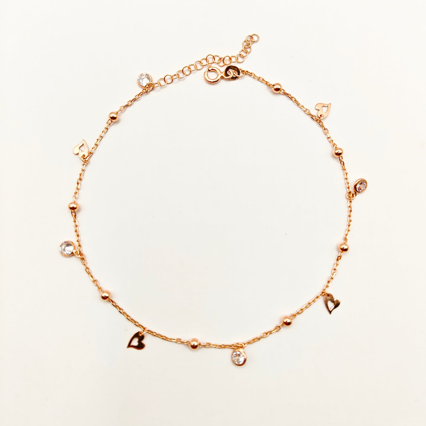 Heart Charm Anklet Rosegold Plated 925 Silver