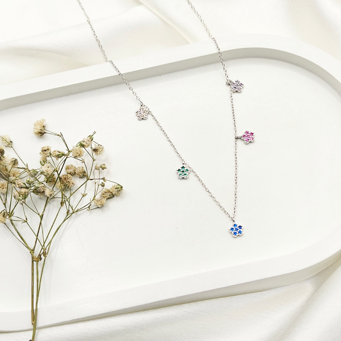 Rainbow Flower Charm Necklace 925 Silver