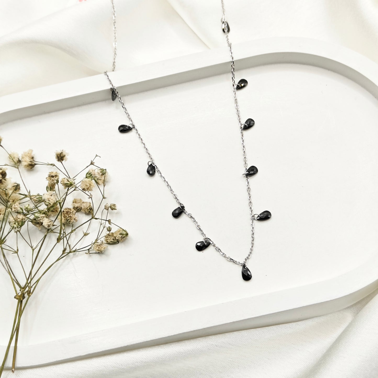 Black Crystal Charm Necklace 925 Silver
