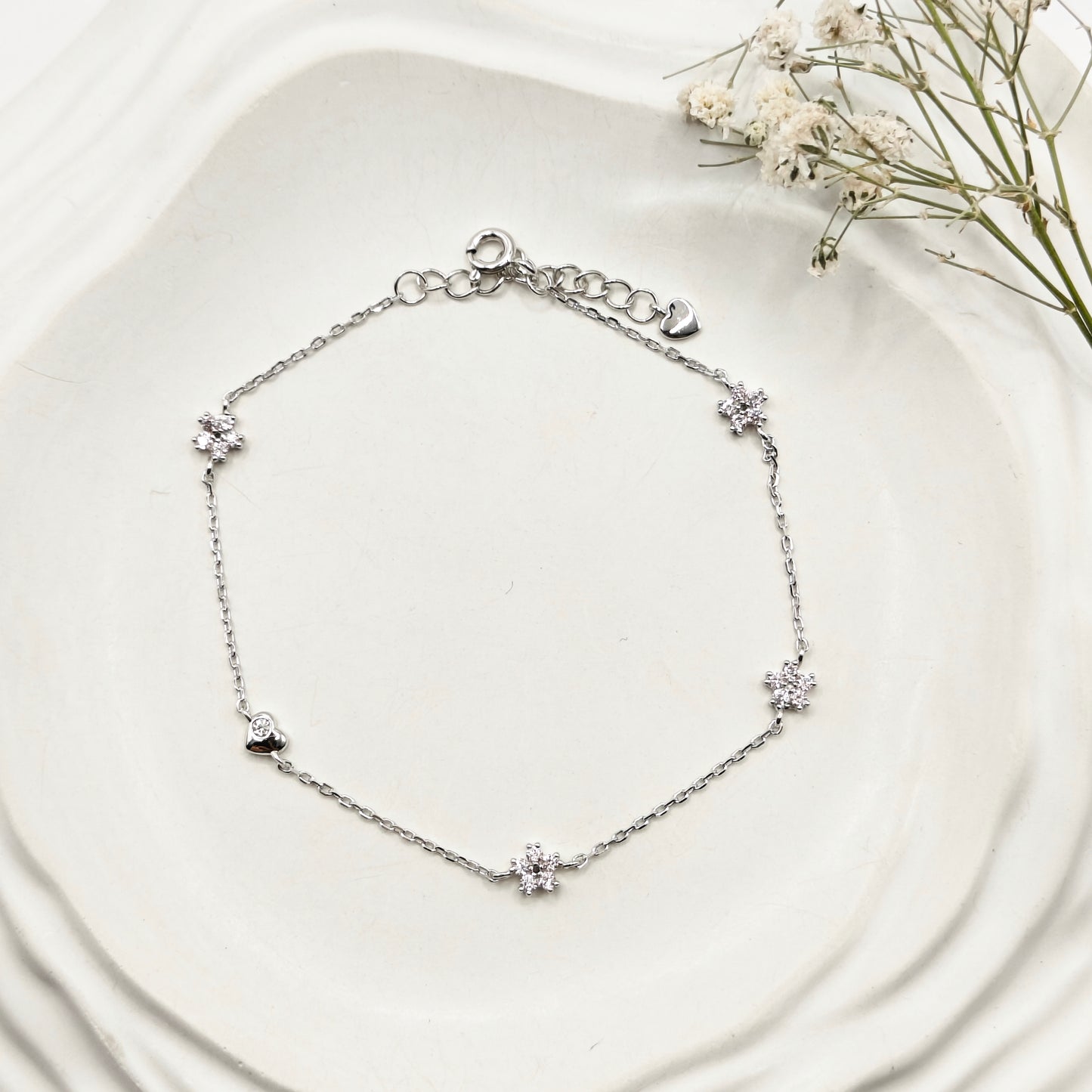 Light Pink Flower Heart Bracelet 925 Silver