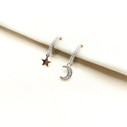 Moon and Star Mismatch Hoop Earrings 925 Silver
