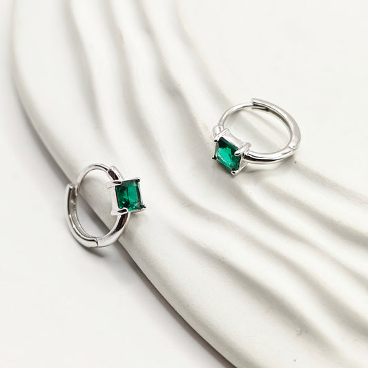 Emerald Hoop Earrings 925 Silver