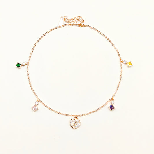 Heart Charm Rosegold Plated Anklet 925 Silver