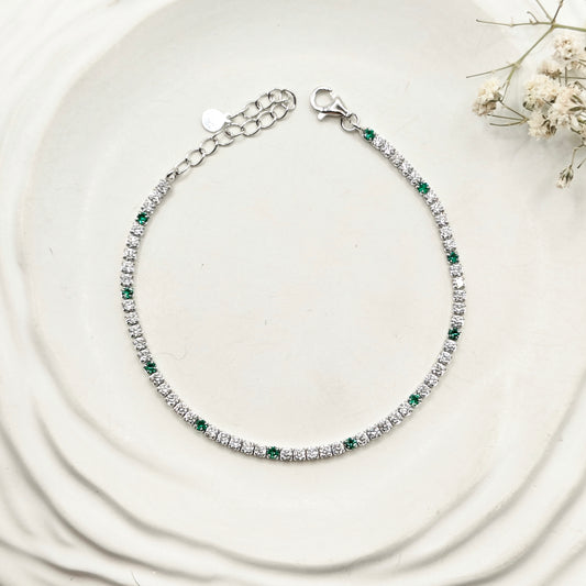 Green and White Tennis Bracelet 925 Silver