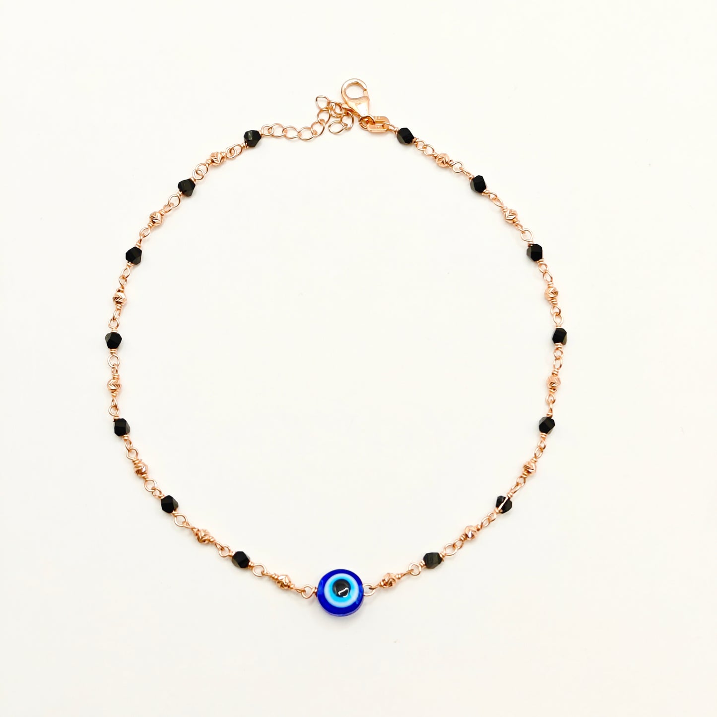 Black Bead Evil Eye Rosegold Plated Anklet 925 Silver