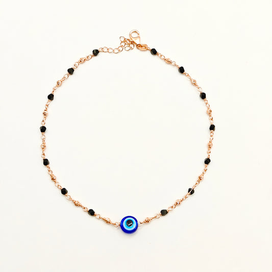 Black Bead Evil Eye Rosegold Plated Anklet 925 Silver
