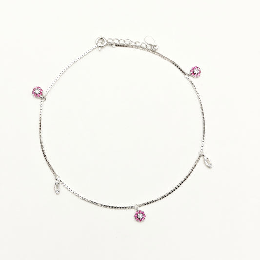Pink Flower Charm Anklet 925 Silver