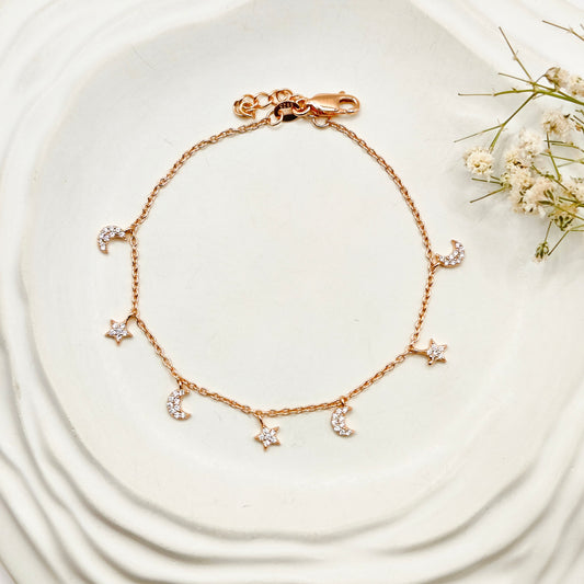 Star and Moon Charm Rosegold Plated Bracelet 925 Silver