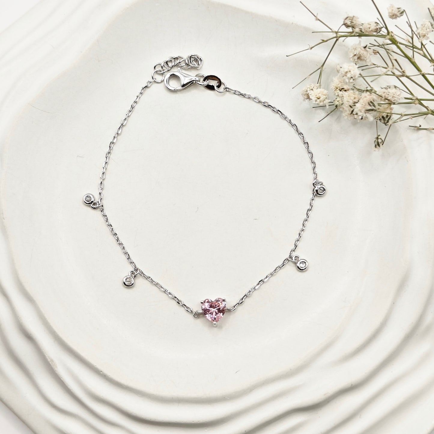 Pink Heart Charm Bracelet 925 Silver