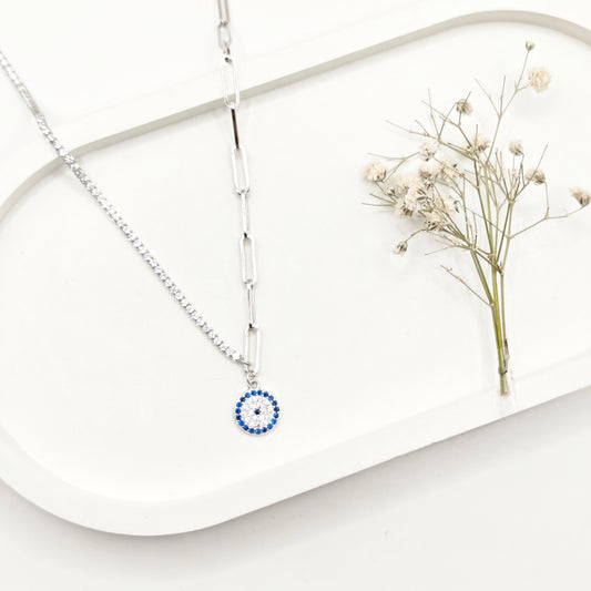 Tennis PapperClip Evil Eye Necklace 925 Silver