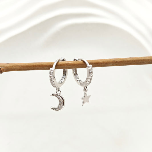Moon and Star Mismatch Hoop Earrings 925 Silver