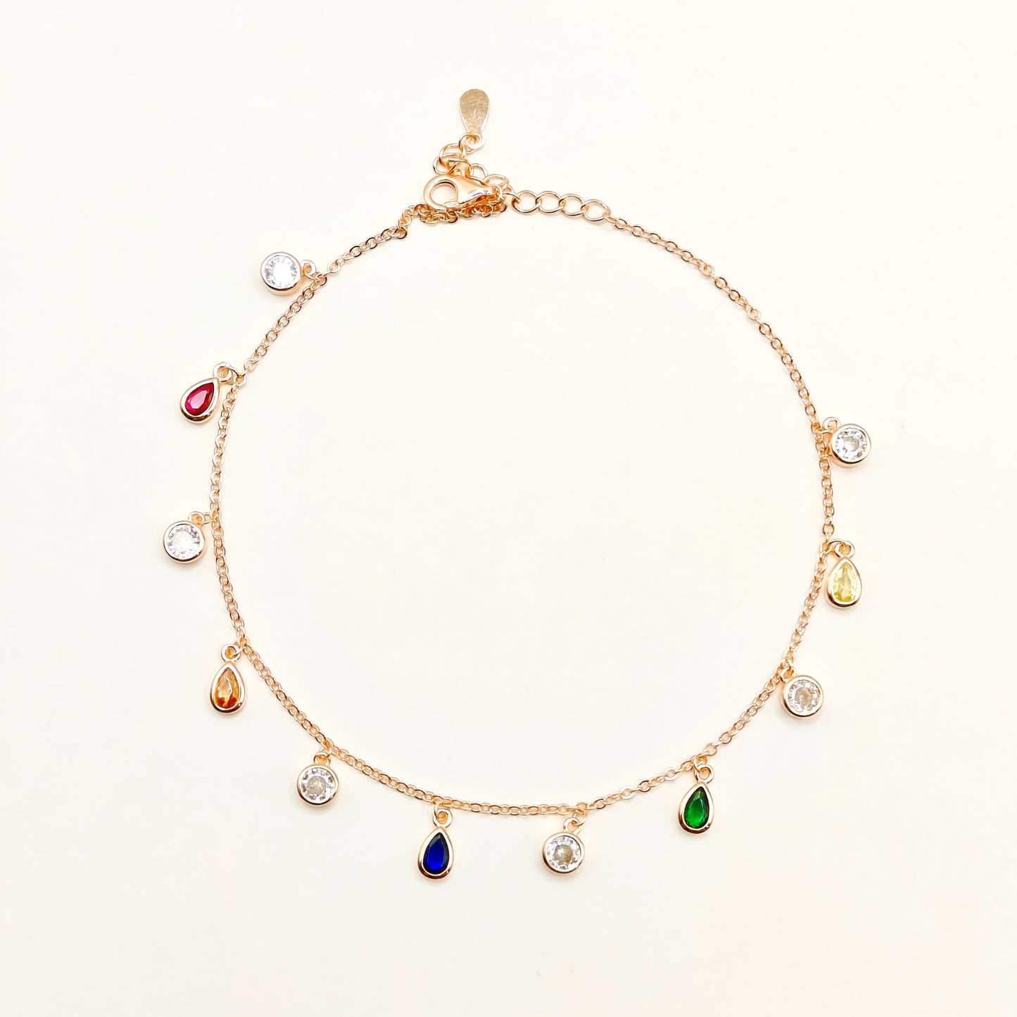 Rainbow Drop Charm Rosegold Plated Anklet 925 Silver