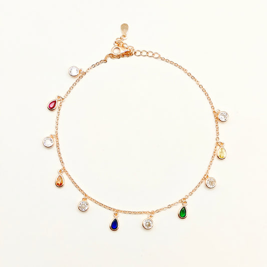 Rainbow Drop Charm Rosegold Plated Anklet 925 Silver