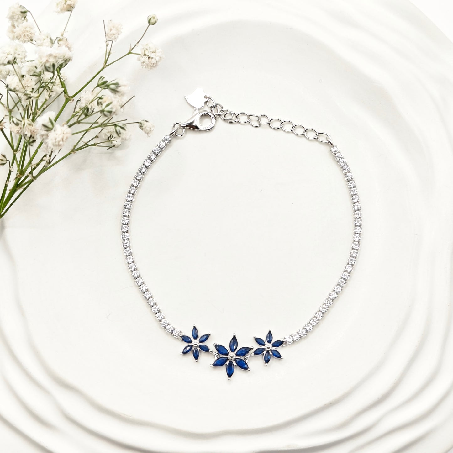 Sapphire Flower Tennis Bracelet 925 Silver